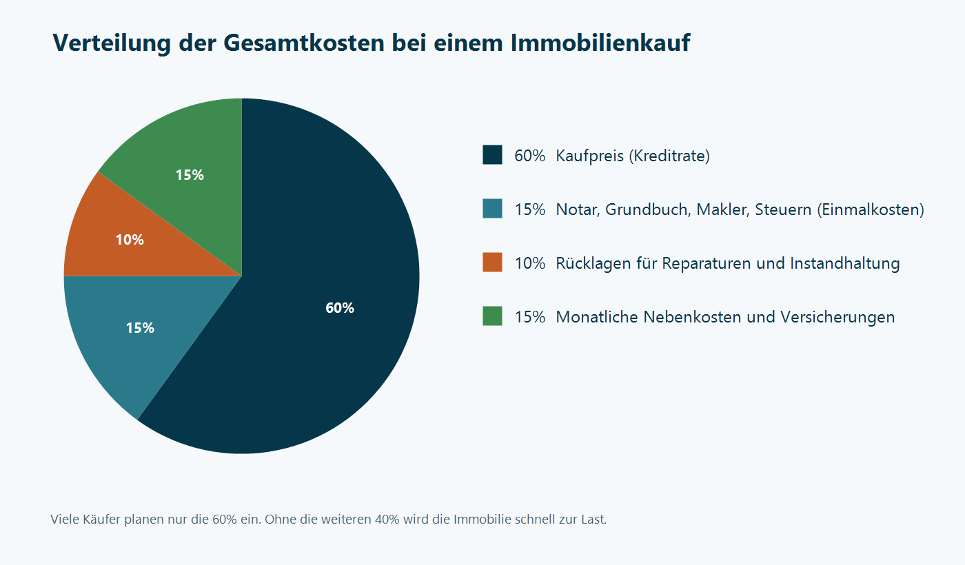 Tortendiagramm: Verteilung der Gesamtkosten beim Immobilienkauf. 60 Prozent Kaufpreis, 15 Prozent Notar Grundbuch Makler Steuern, 10 Prozent Rücklagen, 15 Prozent Nebenkosten und Versicherungen.
