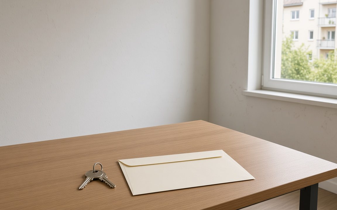 Leere Wohnung mit Schlüssel und Briefumschlag auf einem Holztisch, Blick auf ein Mehrfamilienhaus in Leipzig