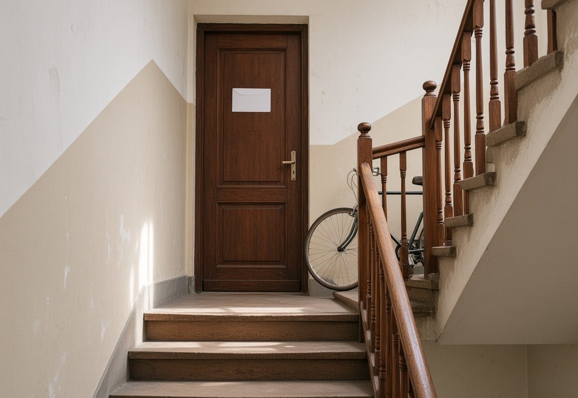 Treppenhaus eines Altbaus in Leipzig mit geschlossener Wohnungstür, Brief und Fahrrad unter der Treppe