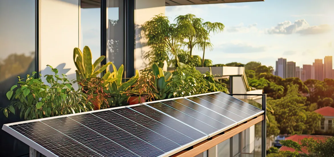 Moderne Solaranlage als Balkonkraftwerk auf Stadtbalkon mit Pflanzen – Thema Versicherung und nachhaltige Energie in Leipzig