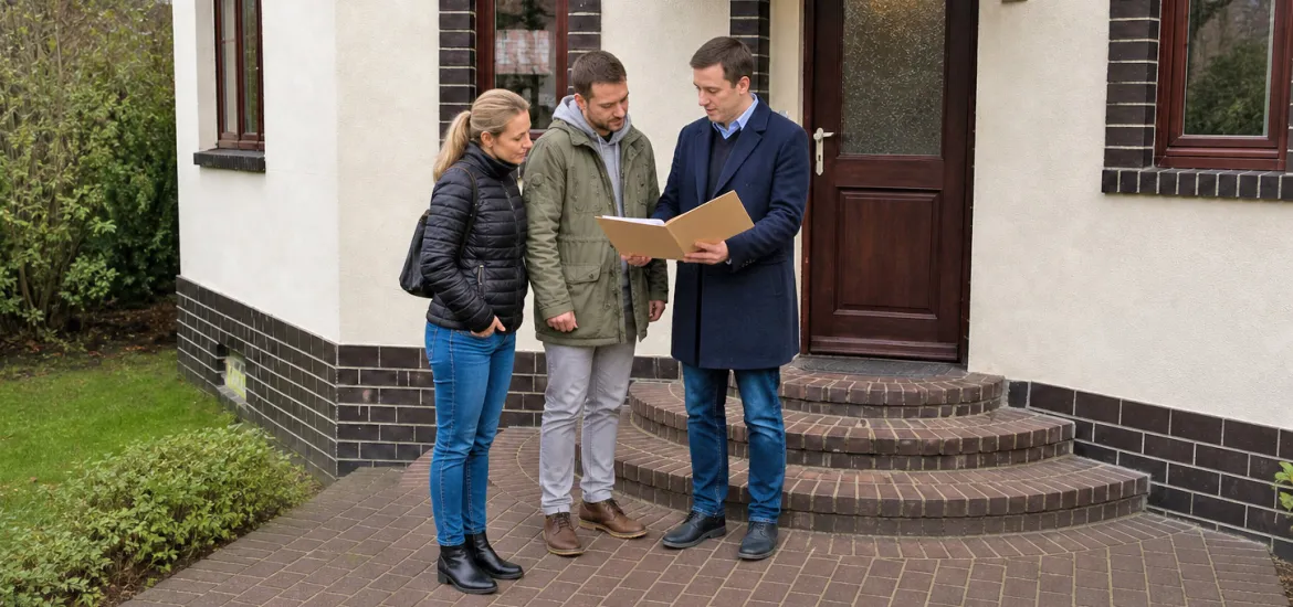 Immobilienberater im dunklen Mantel zeigt einem jungen Paar auf dem Gartenweg die Fassade eines Wohnhauses in Leipzig-Gohlis. Das Haus hat helle Putzflächen, dunkle Klinker am Sockel und um die Fenster sowie eine Holztür mit gemauerten Stufen.