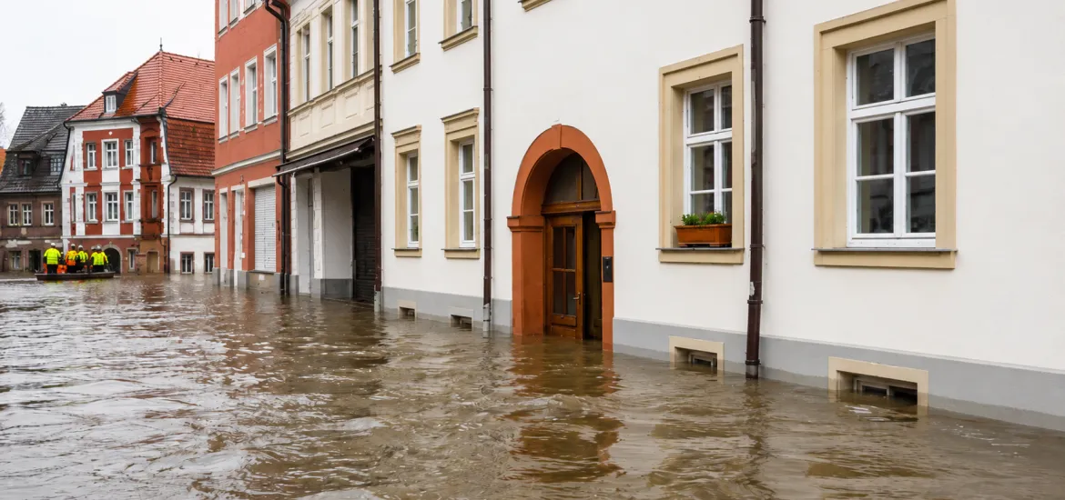 Gepflegte Wohnhäuser in einer überfluteten Straße nach Starkregen