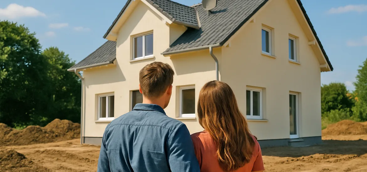 Ein junges Paar steht Arm in Arm mit dem Rücken zur Kamera vor einem neu gebauten Einfamilienhaus. Es ist ein sonniger Tag und das Haus befindet sich auf einem noch unbepflanzten Grundstück – Symbolbild für Hausbau, Immobilienerwerb und Neubaufinanzierung.