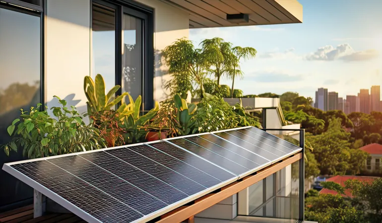 Moderne Solaranlage als Balkonkraftwerk auf Stadtbalkon mit Pflanzen – Thema Versicherung und nachhaltige Energie in Leipzig
