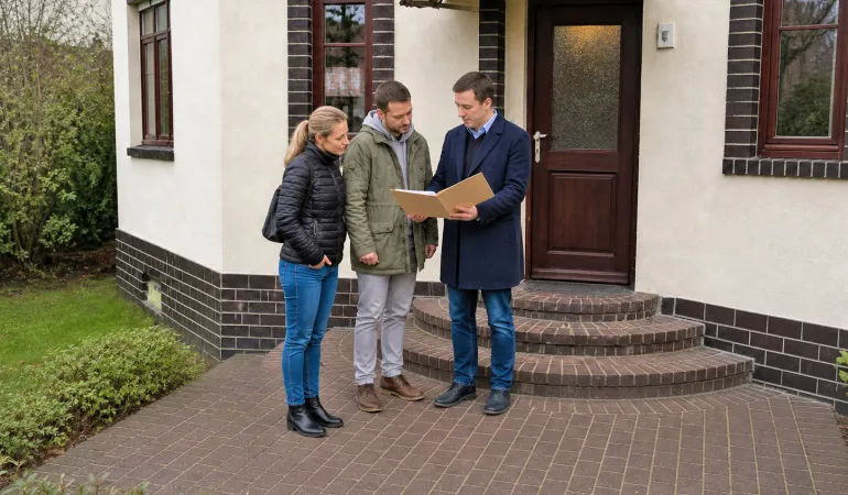 Immobilienberater im dunklen Mantel zeigt einem jungen Paar auf dem Gartenweg die Fassade eines Wohnhauses in Leipzig-Gohlis. Das Haus hat helle Putzflächen, dunkle Klinker am Sockel und um die Fenster sowie eine Holztür mit gemauerten Stufen.