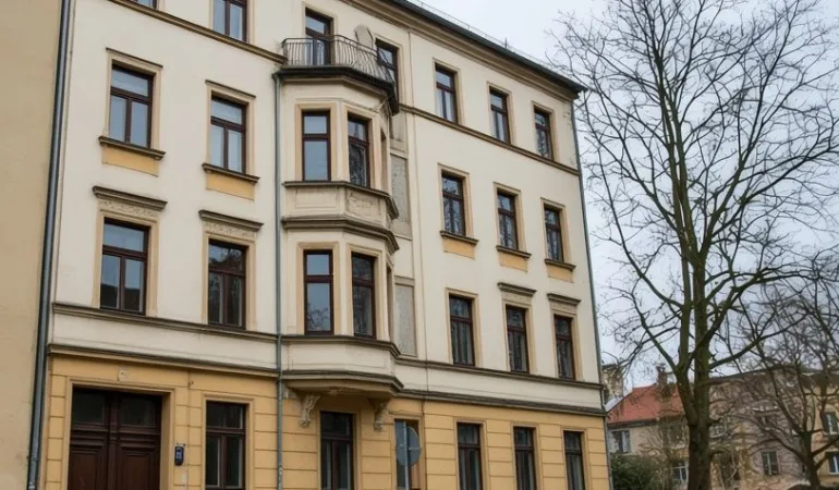 Viergeschossiges Mehrfamilienhaus mit Erker in einer Wohnstraße in Leipzig, typisch für vermietete Altbauten