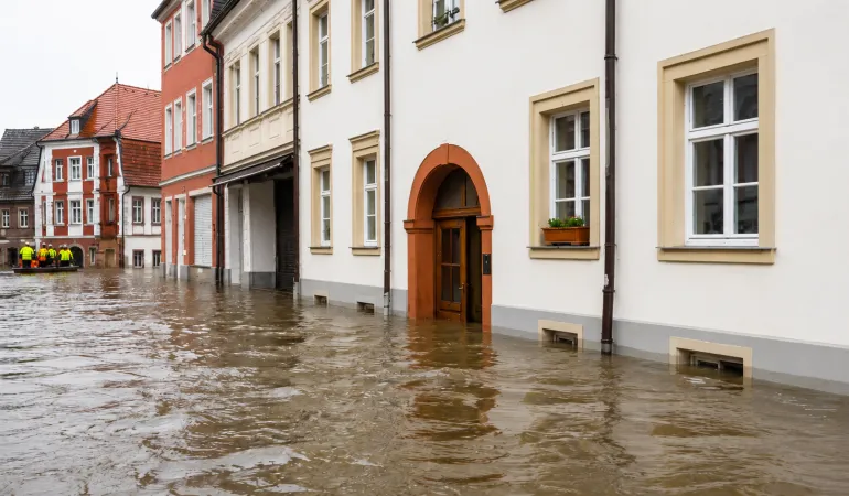 Gepflegte Wohnhäuser in einer überfluteten Straße nach Starkregen