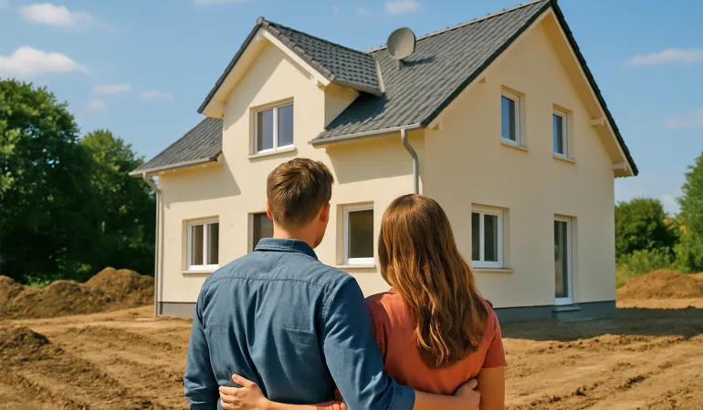 Ein junges Paar steht Arm in Arm mit dem Rücken zur Kamera vor einem neu gebauten Einfamilienhaus. Es ist ein sonniger Tag und das Haus befindet sich auf einem noch unbepflanzten Grundstück – Symbolbild für Hausbau, Immobilienerwerb und Neubaufinanzierung.